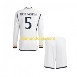 Camisola Real Madrid Jude Bellingham 5 Criança Equipamento Primeiro 2023-2024 Manga Comprida